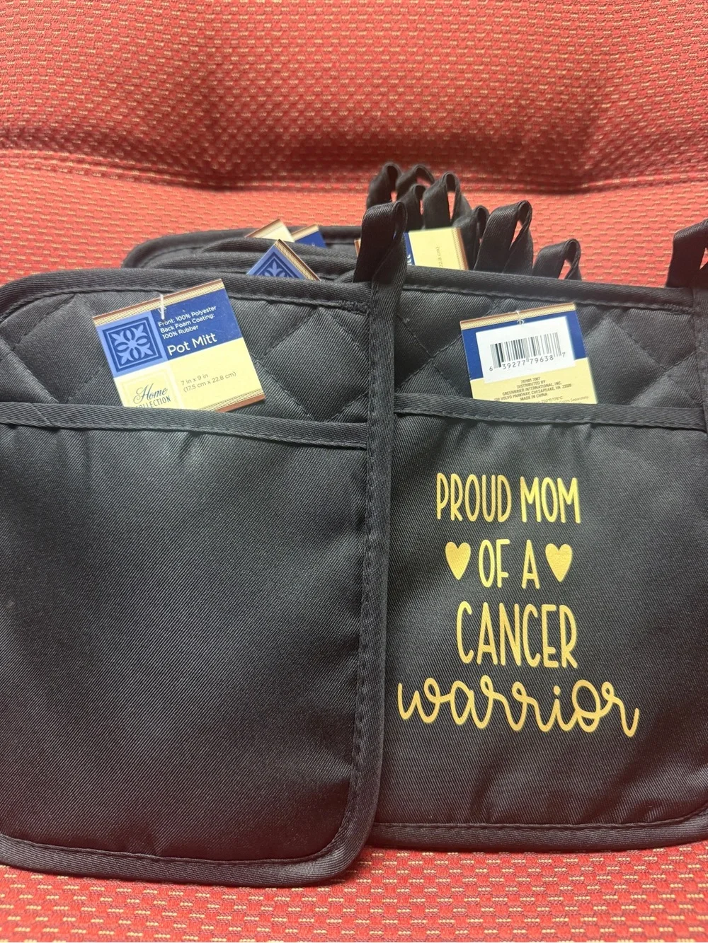 “Proud mom of a cancer warrior” custom oven mitts